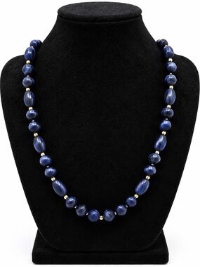 Navy Blue Beaded Necklace Gold Tone Spacer Beads Long Statement Costume Jewelry